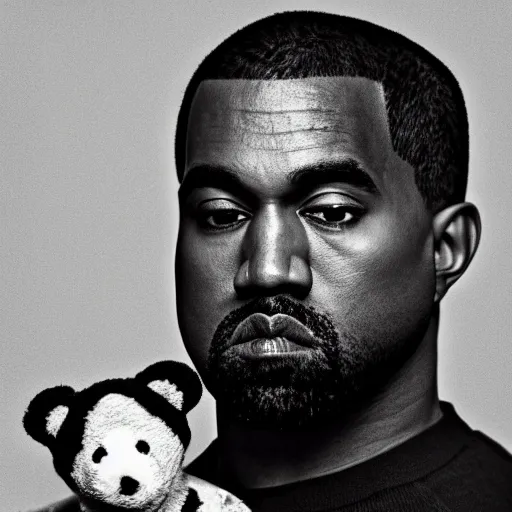 Prompt: Portrait studio photograph of Kanye West holding a anthropomorphic teddy bear, close up, shallow depth of field, in the style of Felice Beato, Noir film still, 40mm