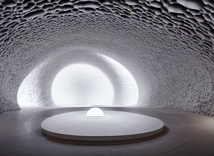 Prompt: a circular portal structure in the centre of an abandoned zen white cave full of geodes, beautiful curves, golden ratio, epic lighting, unusual composition, 4 k, zaha hadid, irakli nadar