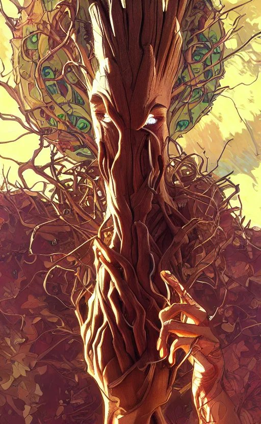 Prompt: groot , highly detailed, digital painting, artstation, concept art, smooth, sharp focus, illustration, art by artgerm and alphonse mucha, high definition digital art, in the style of ilya kuvshinov and Ross tran