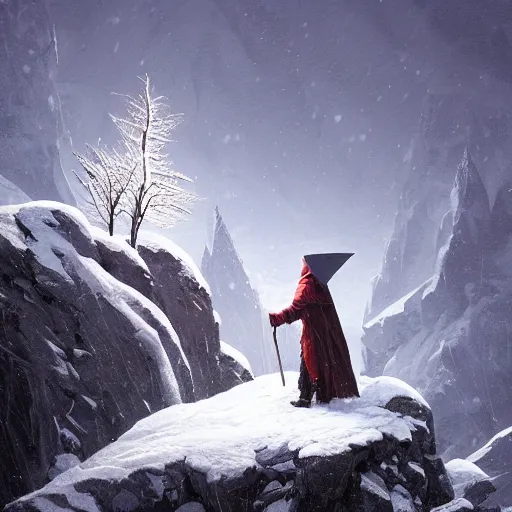 Image similar to a powerful wizard casting a spell on a snowy mountain top, greg rutkowski, 8 k, shallow depth of field, intricate detail, concept art,