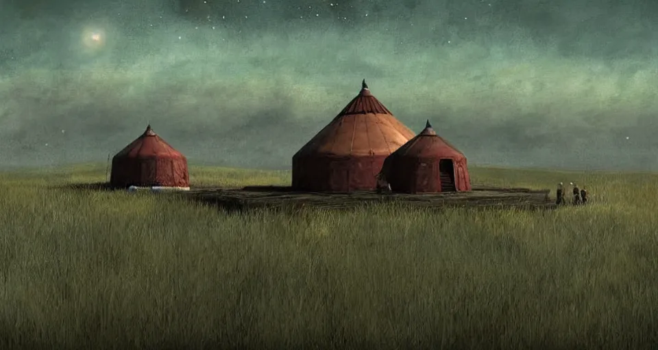 Image similar to night, stars shining, a yurt, in the steppe, summer field, in background a giant!!!!! rusty building construction of spiral upside - down stairs!!!!!, from the game pathologic 2, highly detailed, sharp focus, matte painting, by isaac levitan and asher brown durand,