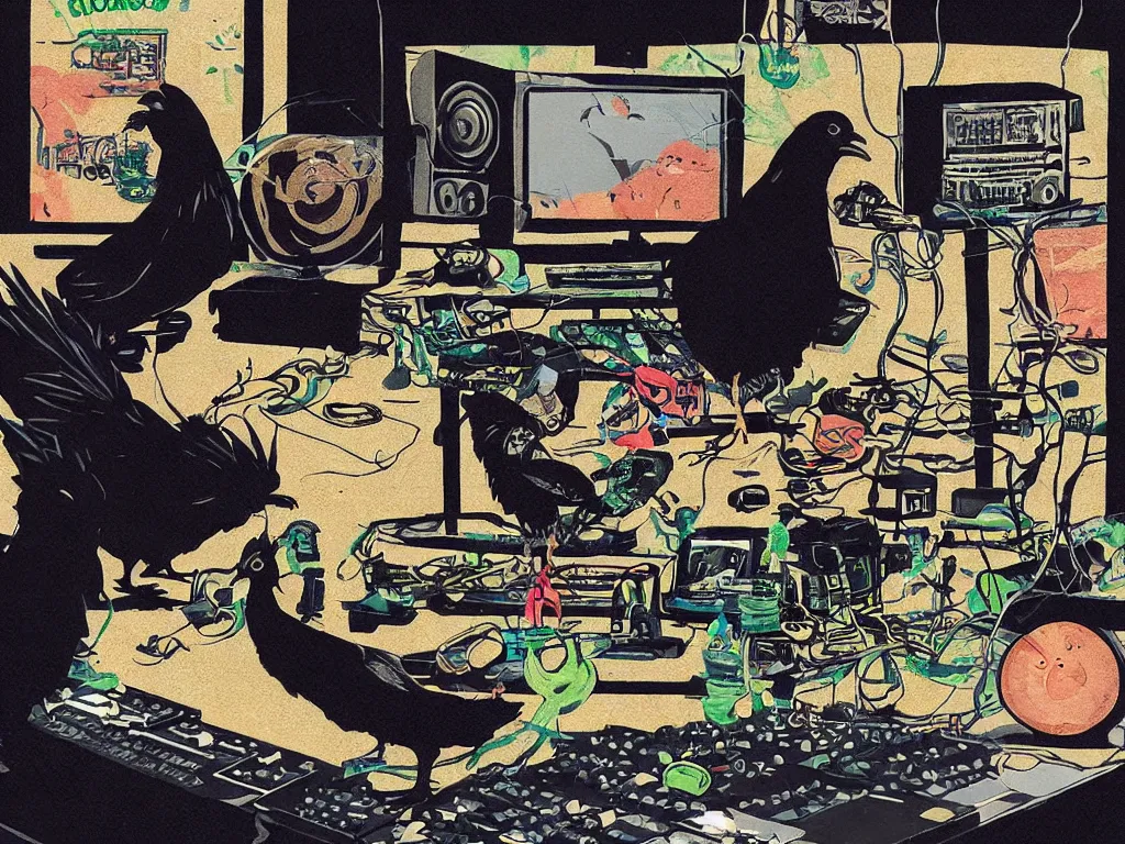 Image similar to 'black chicken'!!! smoking 'cannabis'!!!!!! in front of 'audio console'!!!! and 'multi monitors'!!!! 'in a hi-tech tv broadcasting studio'!!!!, artwork by James Gilleard