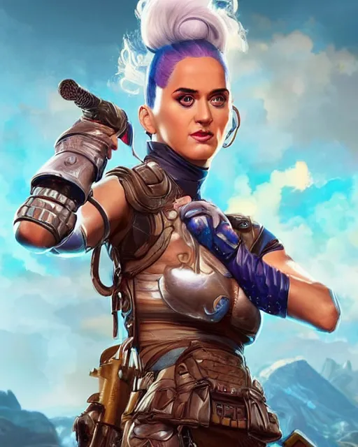 Prompt: Katy Perry as an Apex Legends character digital illustration portrait design by, Mark Brooks and Brad Kunkle detailed, gorgeous lighting, wide angle action dynamic portrait