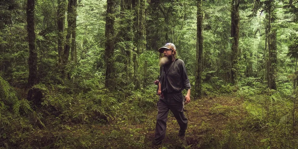 Prompt: a caucasian american bearded man hiking alone in a lush green forest, wearing a baseball hat, japanese illustration, 1 9 8 0 s style, apprehensive mood, man is carrying a rifle, discovering a lonely hut, alone, matte illustration, apocalyptic vibes