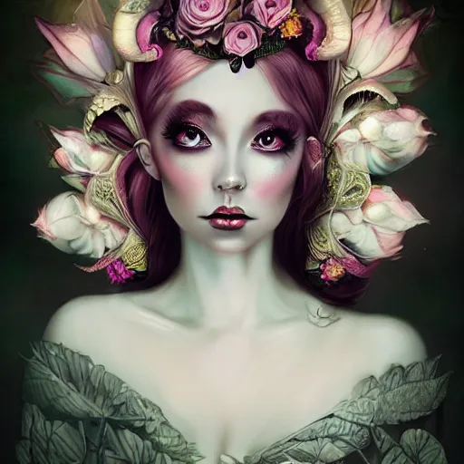 Prompt: of a woman, surreal Portrait inspired by Natalie Shau, Anna dittmann,flowers with horns, jewellery,cinematic