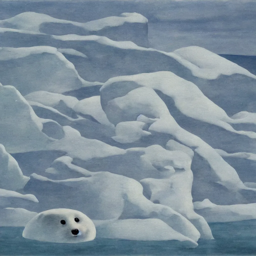 Image similar to a baby harp seal, painting by rene magritte, glaciers and ice and snow