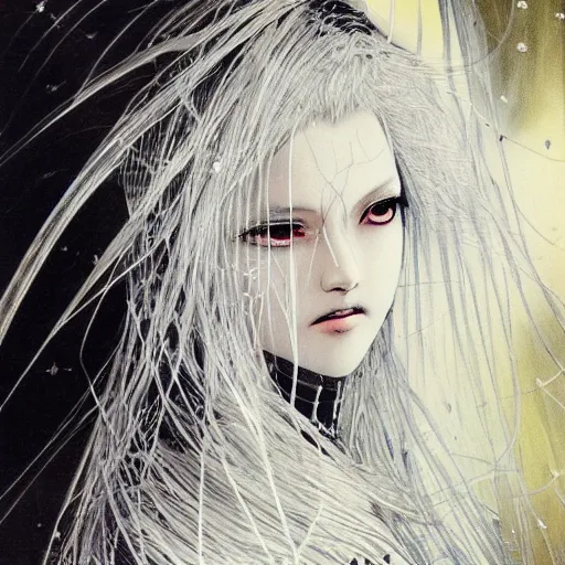 Image similar to Yoshitaka Amano realistic illustration of an anime girl with black eyes, wavy white hair fluttering in the wind and cracks on her face wearing Elden ring armour with engraving, abstract black and white patterns on the background, noisy film grain effect, highly detailed, Renaissance oil painting, weird portrait angle, blurred lost edges, three quarter view