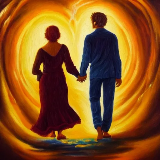 Image similar to couple walking hand in hand, in the heaven and the hell at the same time, oil painting, beautiful, intricate, hell in the bottom, heaven in the top, very detailed