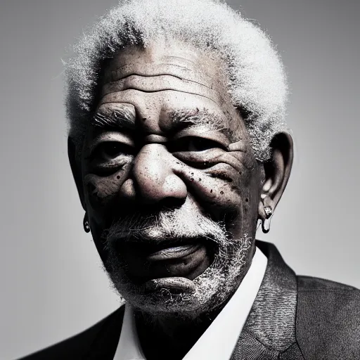 Image similar to a studio photograph of Morgan Freeman dressed as Travis Scott, 40mm lens, shallow depth of field, split lighting