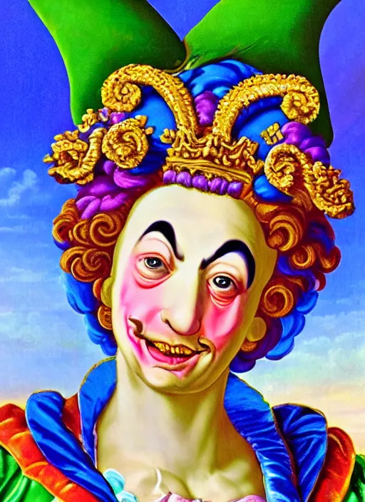 Prompt: baroque rococo painting Royal Fancy Jester clown male Hildebrandt Lisa Frank high detail cute adorable whimsical up close clown jester hat