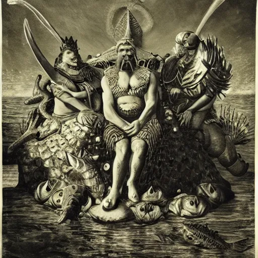 Prompt: The illustration shows a mythological scene. A large, bearded man is shown seated on a throne, surrounded by sea creatures. He has a trident in one hand and a shield in the other. Behind him is a large fish, and in front of him are two smaller creatures. rococopunk by William Wegman, by John Atkinson Grimshaw angular, kaleidoscopic