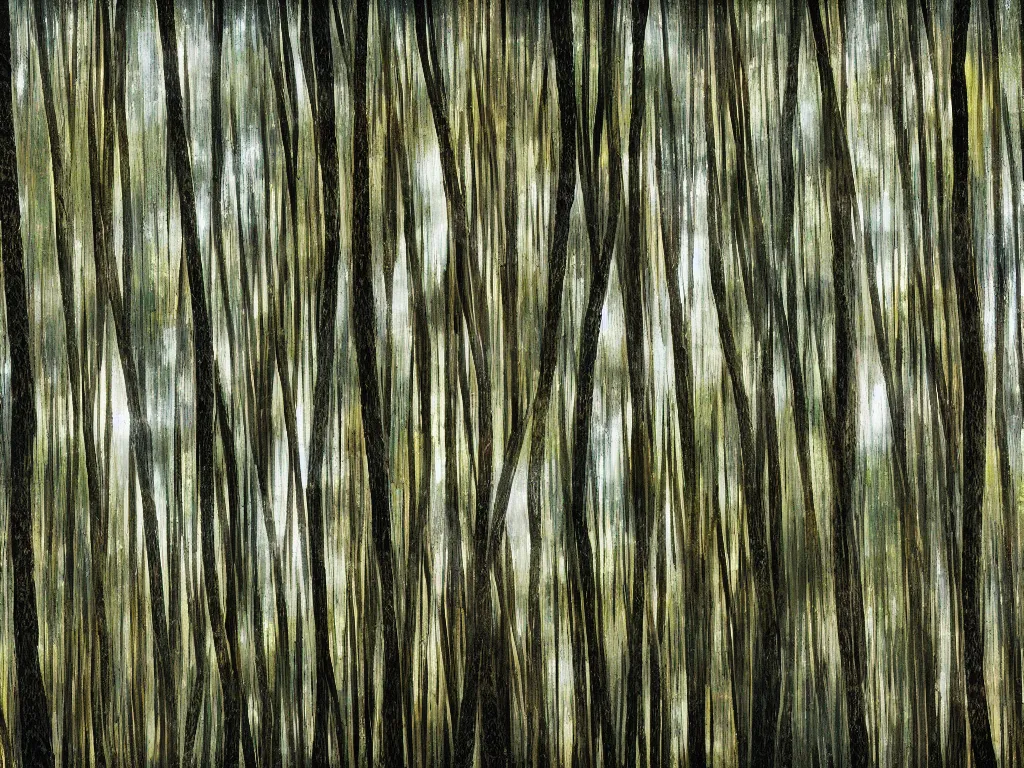 Image similar to double exposure photograph of tens of eucalyptus trees, soft light, autumn, in the style of edward steichen and klee,