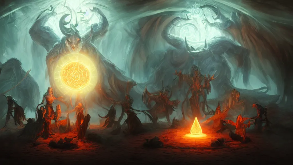 Prompt: mages in circle summoning an evil beast. lighting, flux, demons, abominations, clothes. fantasy, digital painting, hd, highly detailed.