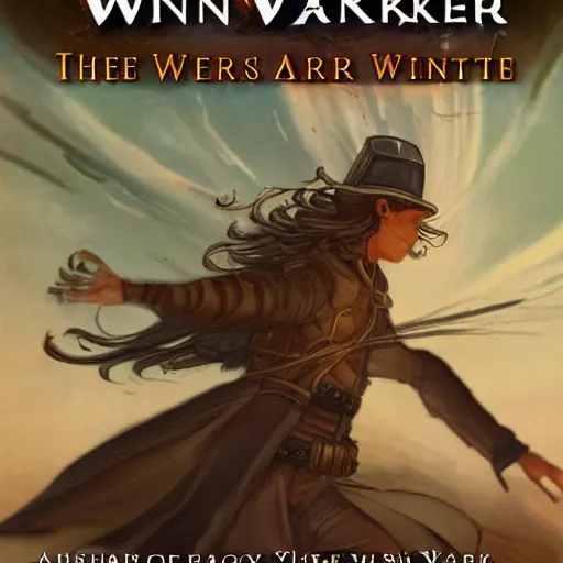 Prompt: Book cover for The Wind Walker a fantasy adventure with airships, thieves and a steampunk city inside of a crater.