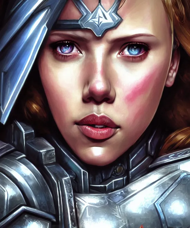 Image similar to Scarlett Johansson as a battle sister from Warhammer 40k, portrait, highly detailed, intricate, concept art, artstation