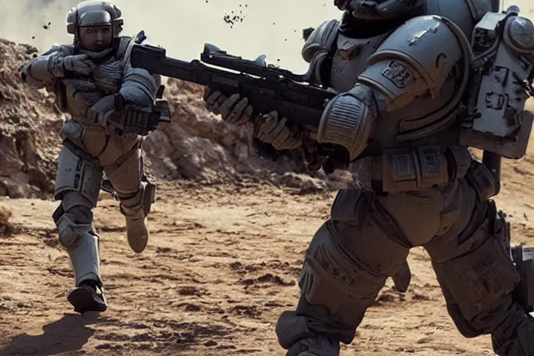 Image similar to VFX movie of a futuristic spacemarine in war zone, shooting gun natural lighting by Emmanuel Lubezki