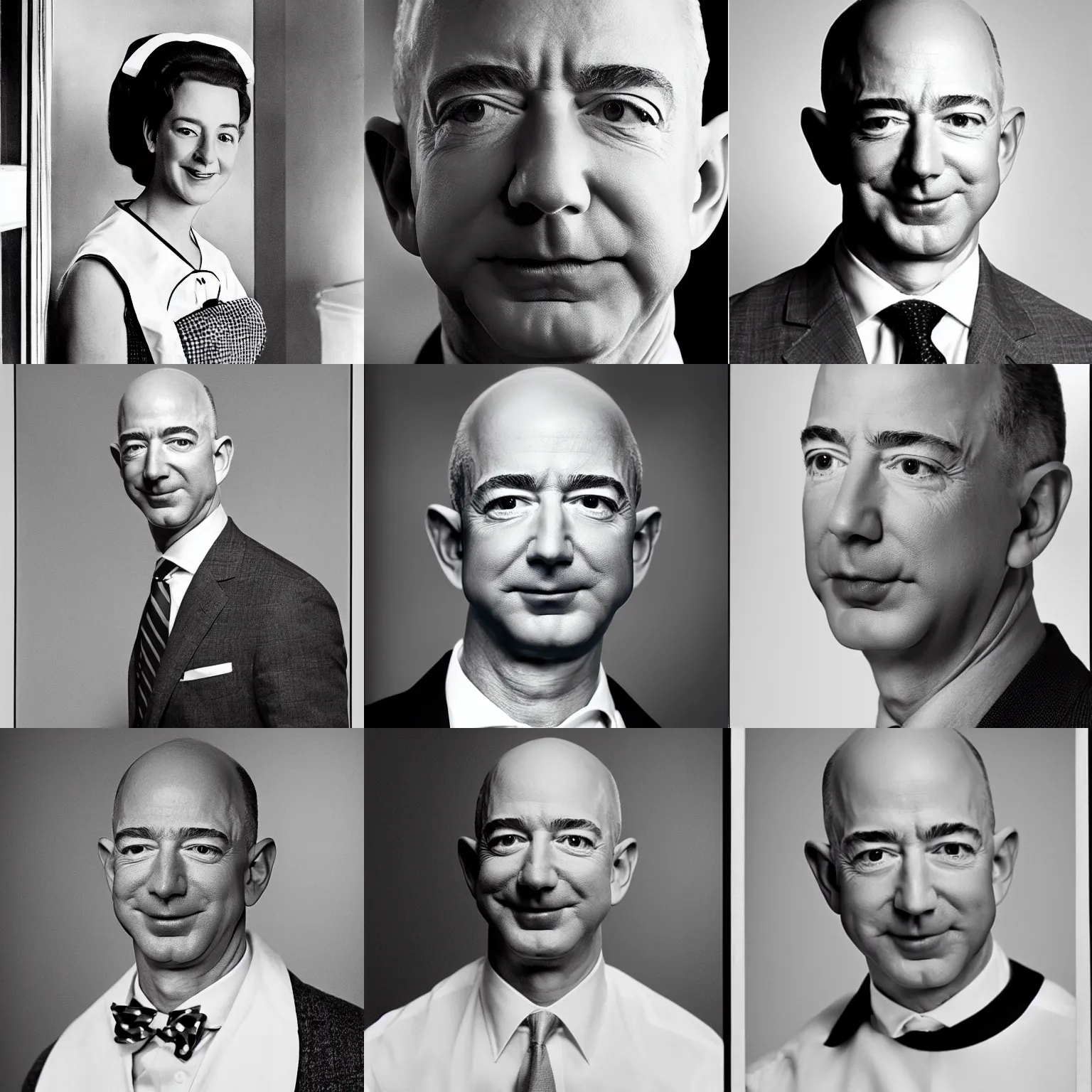 Prompt: Jeff Bezos as a maid, 1960, 50mm, portrait