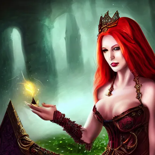 Prompt: portrait, beautiful female sorceress, royalty, ornately dressed, dungeons and Dragons, red hair, glowing eyes, realistic