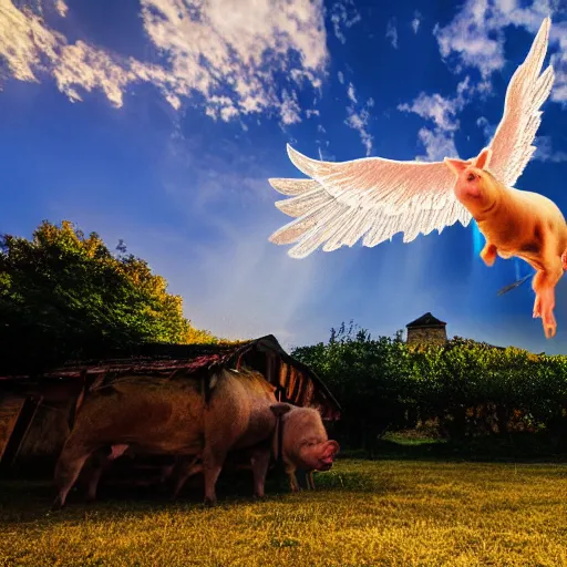 Prompt: pig flying over romanian village with angel wings in a blue sky, bokeh, dramatic lighting