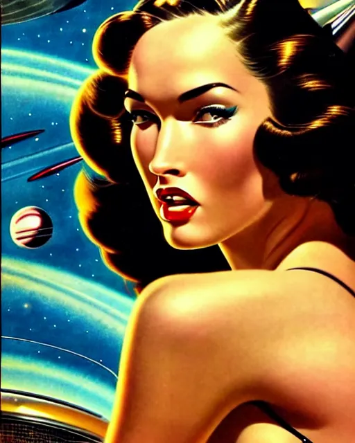 Image similar to closeup beautiful retro space megan fox varga girl, posing on a chrome space ship in diesel punk city, windblown dark hair, retro pinup model, seductive, 1 9 4 0, hyper detailed, digital art, smooth, sharp focus, gil elvgren,