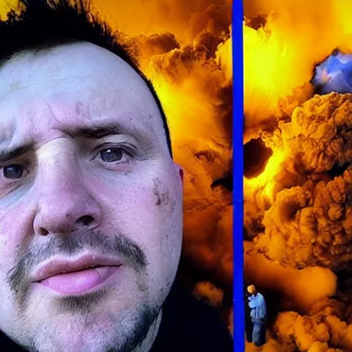 Prompt: a frightened ukrainian dying in blue clothes below and above against the background of a huge yellow nuclear explosion burning him alive, selfie 2 0 2 2