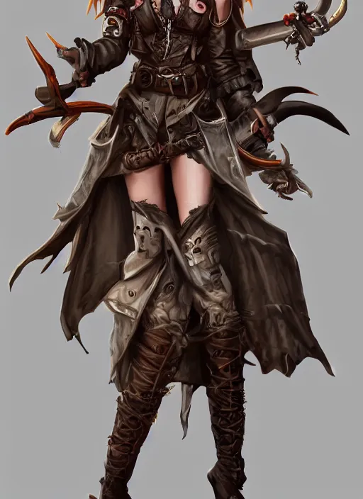 Image similar to female demonic pirate in a trenchcoat, goat horns, two flint - lock pistols, digital art, d & d, artstation, highly detailed