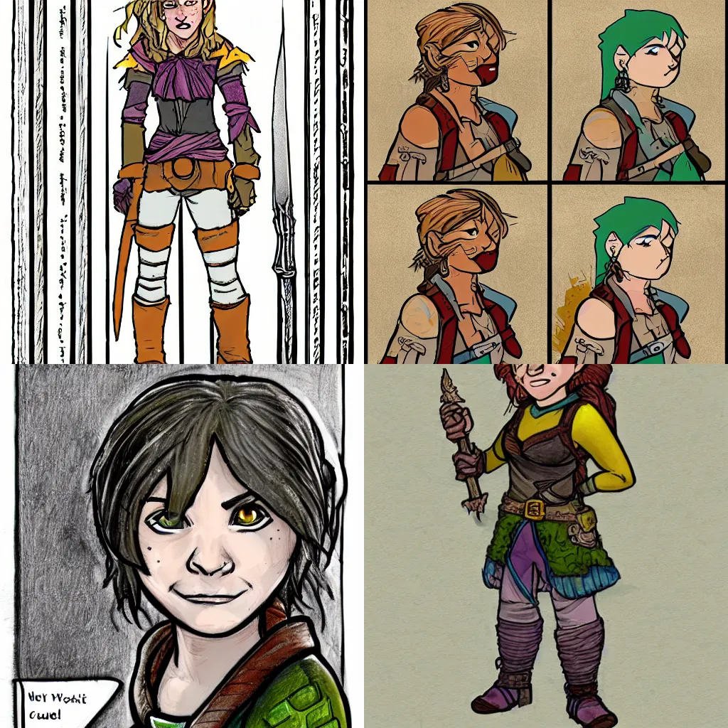 Prompt: drawing. color. fantasy character. halfling. female. rogue. weathered. cynical.