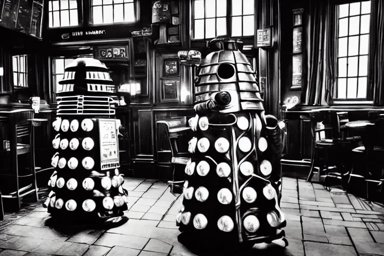 Image similar to photograph of a dalek in a traditional london pub, highly detailed, dramatic lighting, intense shadows, rich deep colours