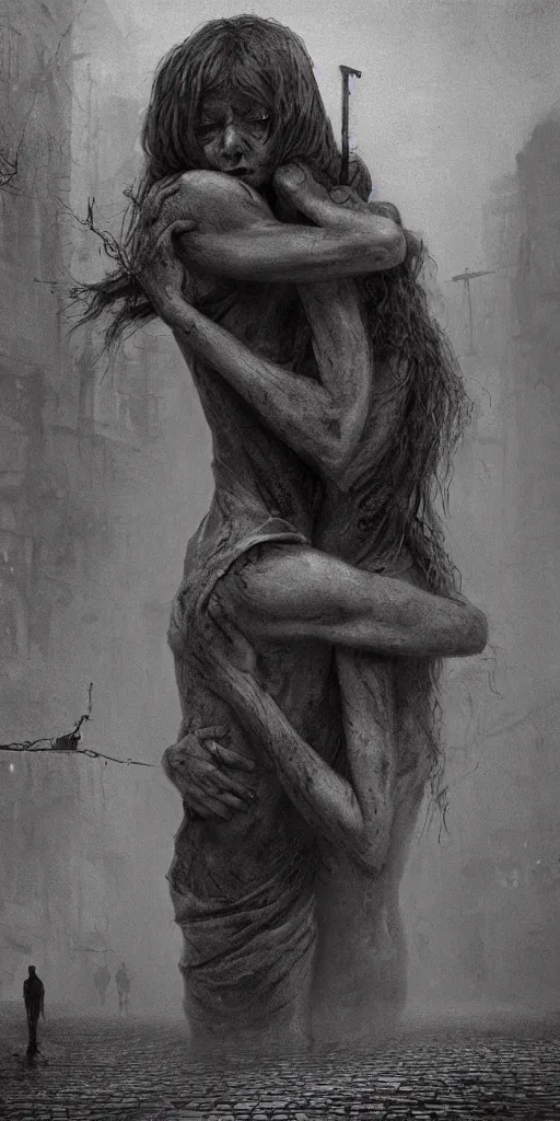 Image similar to death child and women hugging in an empty street, in the style of keith thompson and zdzislaw beksinski, artstation hd, 8 k, surrealistic digital artwork, post apocalyptic street