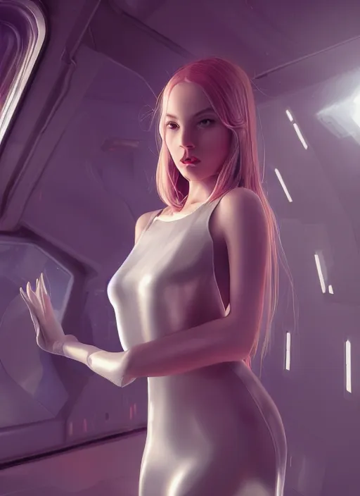 Image similar to a girl in a spaceship, beautiful girl model, detailed latex dress, detailed shot, by artgerm, by wlop, octane render, spaceship window