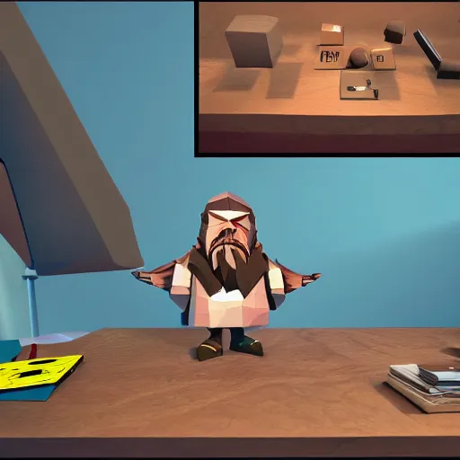 Image similar to low poly, A dwarf peeking over his desk surprised like Killroy, the desk is covered in scattered letters, deep rock galactic screenshot, low poly, digital art.