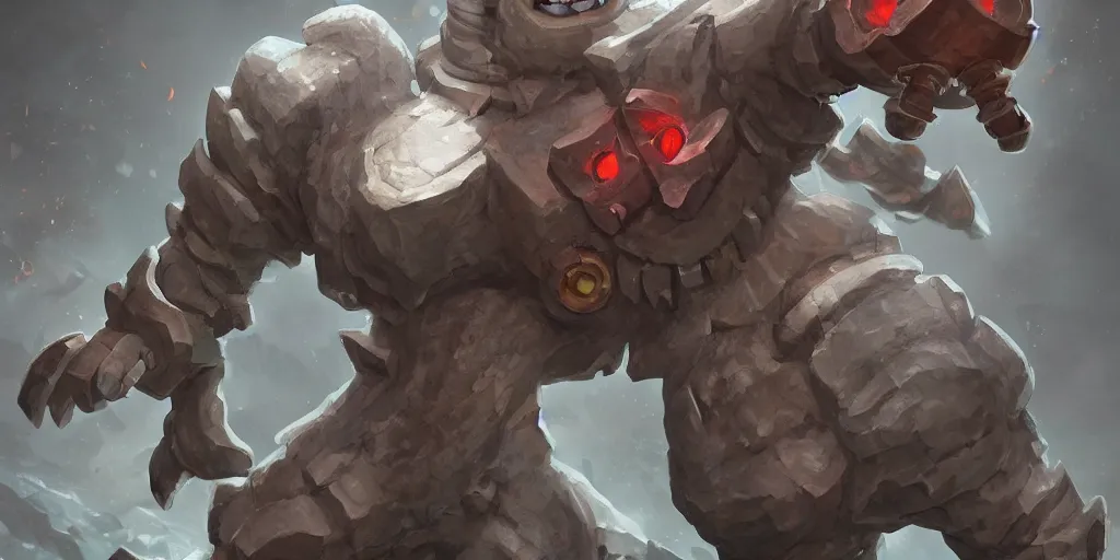 Prompt: Stone golem with big eyes, face visible, league of legends character art, trending on artstation, digital art