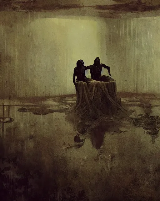 Image similar to dark fleshy figure seated next to another dark angry figure laughing in alone inside an empty dark flooded ballroom overgrown with aquatic plants in the style of Greg Rutkowski and Francis Bacon, Beksinski painting, masterpiece, artstation