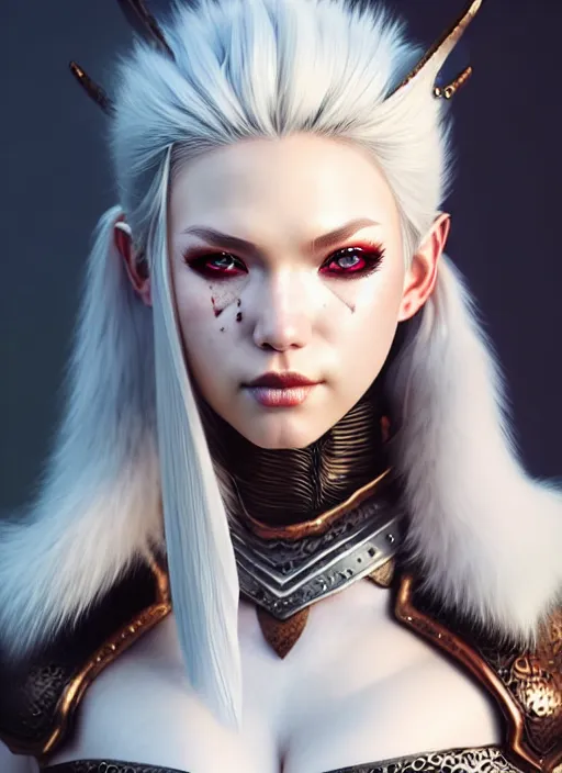 Image similar to barbarian, fur leather armor!!! beautiful and elegant white hair female!! gorgeous ayes!! character concept art, sharp focus, octane render! unreal engine 5! highly rendered!! trending on artstation!! detailed linework!! illustration by artgerm, wlop, and chie yoshii