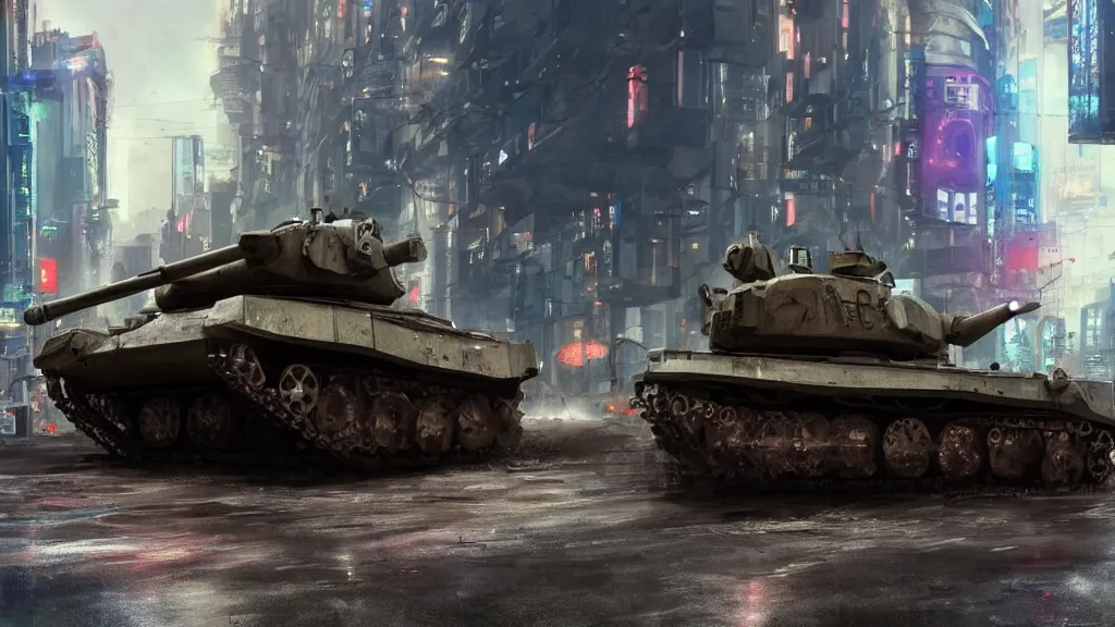 Prompt: a tank in the middle of a street cyberpunk
