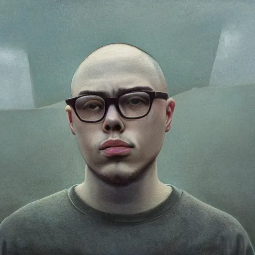 Image similar to beautiful portrait of anthony fantano, theneedledrop, standing in desolate empty brutalist ruins, close - up, painted by zdzislaw beksinski