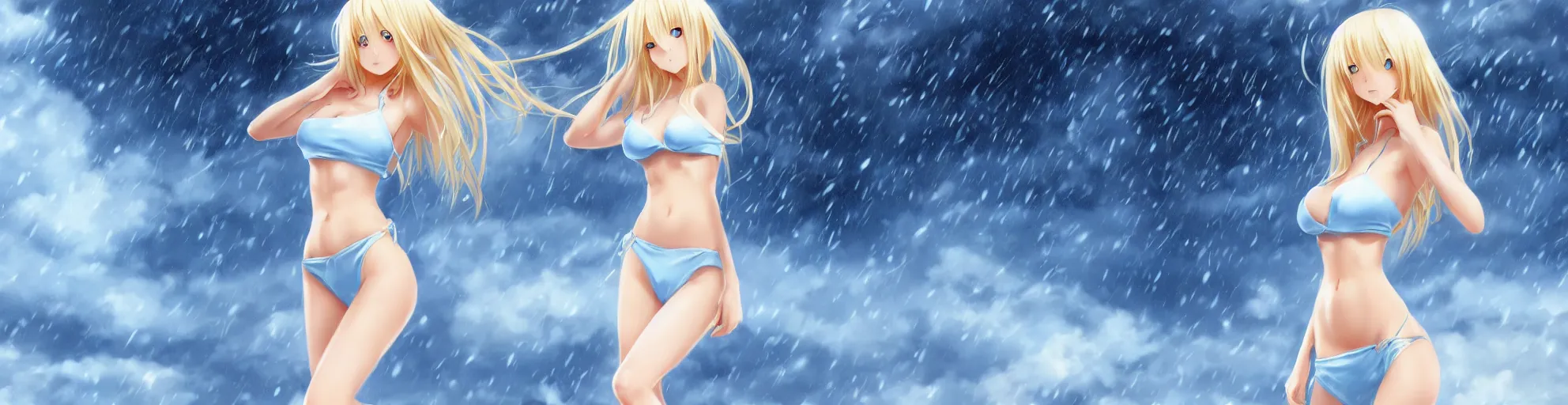 Image similar to full body shot : a very beautiful young blond anime girl on a snowstorm, sky blue eyes,, bikini, miniskirt, highly detailed, cinematic wallpaper by stanley artgerm lau