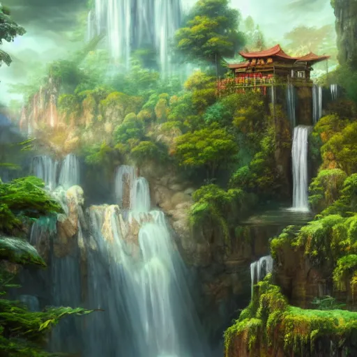 Prompt: a painting of a tengu dream land with a waterfall in front of it, a detailed matte painting by tyler edlin, featured on cgsociety, arts and crafts movement, artstation hq, unreal engine 5, unreal engine