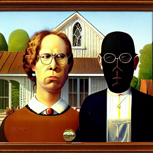 Prompt: fat orange tabby cat, man with afro curly hair in american gothic by grant wood