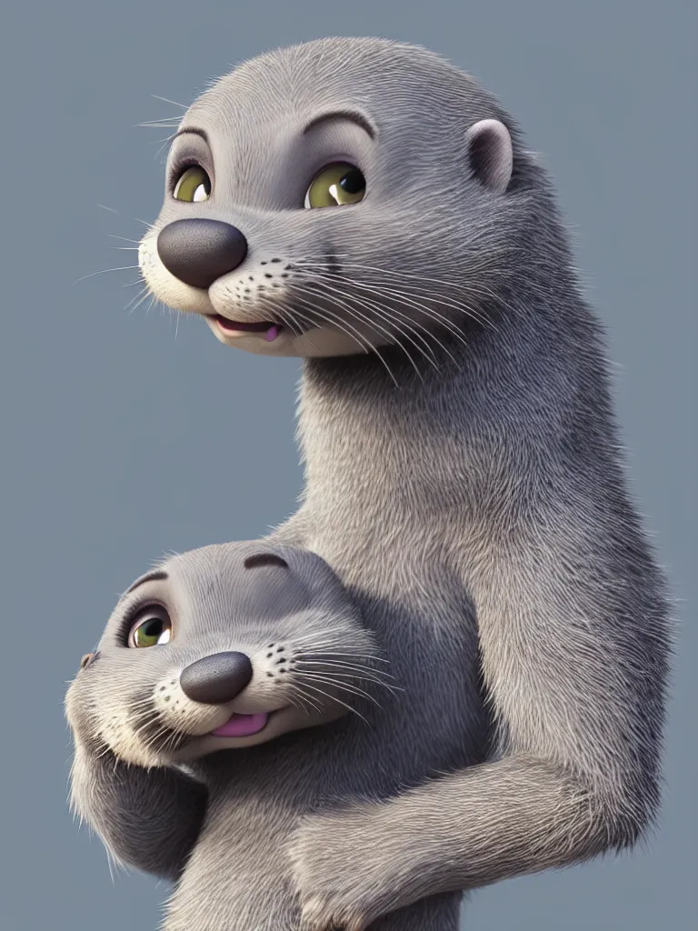 Image similar to portrait of a very cute gray otter in the style of zootopia. volumetric lighting, subsurface scattering, hyperrealistic, render, hyperdetailed