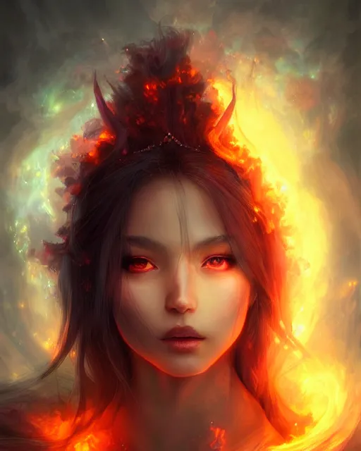 Prompt: Portrait of fire princess cloaked in ethereal glowing aura of light, fantasy portrait by wlop and artgerm, deviantart, sparkling photorealism