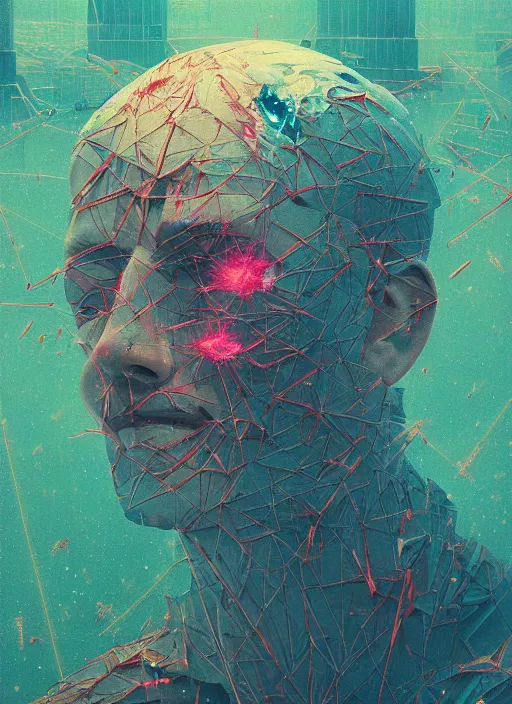 Image similar to a painting of a human head exploding into triangle fragments, cyberpunk art by mike winkelmann by zdzisław beksinski, glitch art, cgsociety, dystopian art, sci - fi