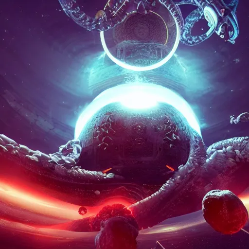 Prompt: a giant cosmic space kraken attacking an orbital space station, hype realistic, volumetric lighting, cosmic horror, Art station, Octane render, Unreal Engine 3D