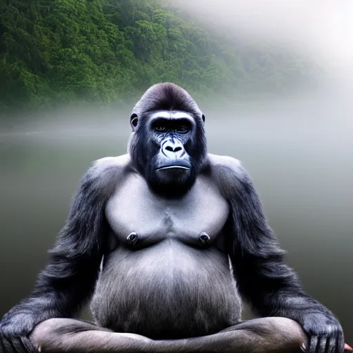 Image similar to a photo realistic gorilla doing transcendental meditation in a mystical landscape, beautiful, misty