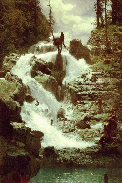 Prompt: a huge mythical wurm emerges from lake in canadian rockies, water splashes cascades, beautiful day, by albert bierstadt, ruan jia, lawrence alma tadema, zdzislaw beksinski, carl spitzweg, everett raymond kinstler, norman rockwell, jack kirby, tom lovell, greg staples