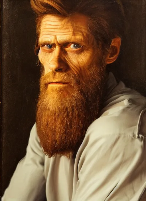 Image similar to flattering regal painting of bearded willem dafoe, renaissance oil painting, studious chiaroscuro