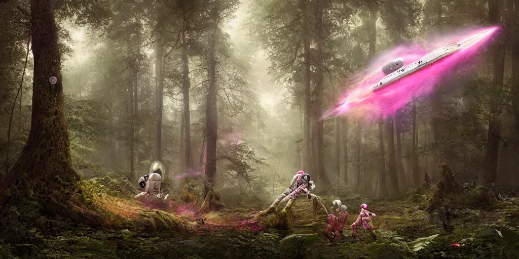 Image similar to an astronaut and a pink space ship in a forest, a detailed matte painting by frieke janssens, featured on cgsociety, space art, matte painting, matte drawing
