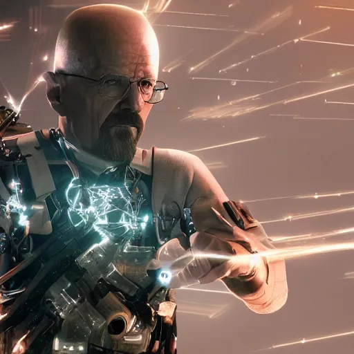 Prompt: Walter White firing lasers from his cybernetic battle armor, highly detailed, centered, concept art, 8k octane render