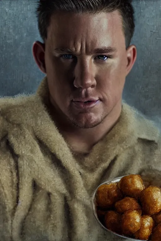 Image similar to channing tatum wearing a tater tot costume, oil on canvas, intricate, 8 k highly professionally detailed, hdr, cgsociety