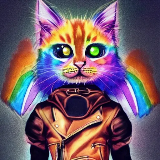 Image similar to wide angle full body, jacket wearing fluffy cute rainbow kitten wearing a black leather motorcycle jacket, cinematic concept art